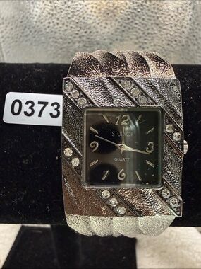 Studio Silver Crystal-Accented Bangle Watch with Black Dial